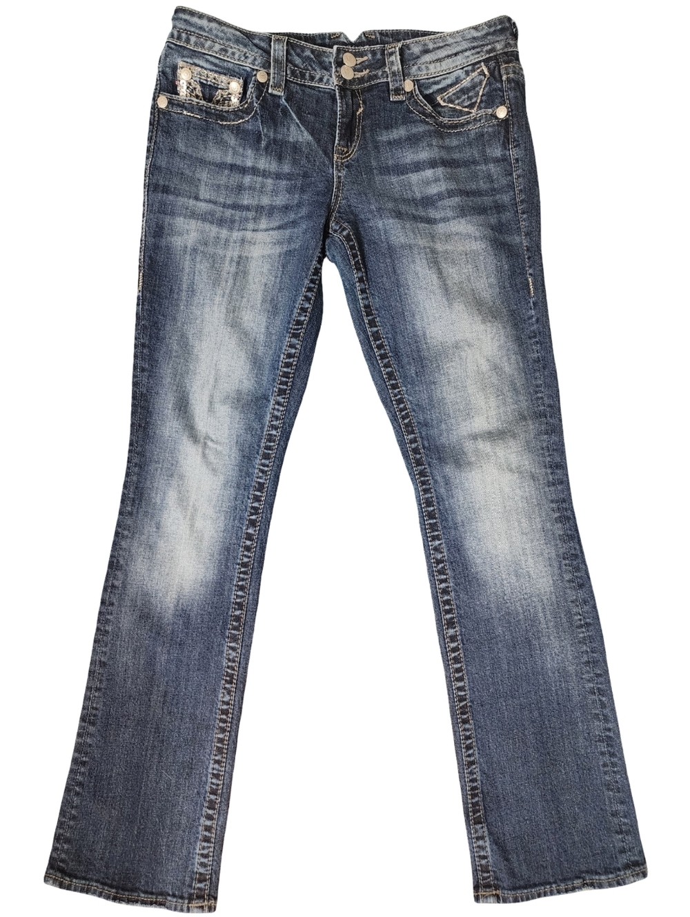 VIGOSS Y2K Dallas Slim Bootcut Low-Rise Jeans Embellished Bling Pockets Sz 7/8